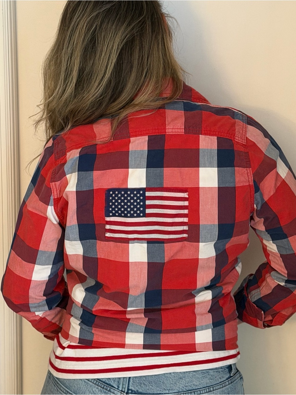 Red White and Blue Plaid Button-Up Shirt with Flag Patch